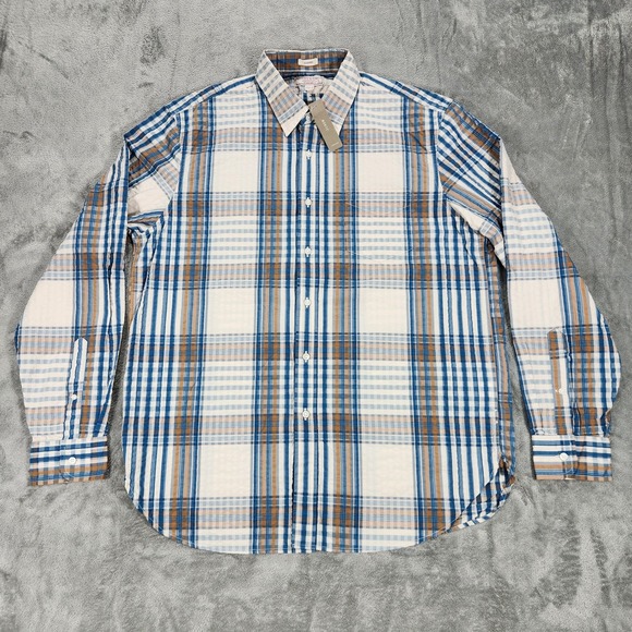 Wallace & Barnes Shirt Mens Large Blue Brown Plaid Seersucker Button Down J.Crew - Picture 1 of 12